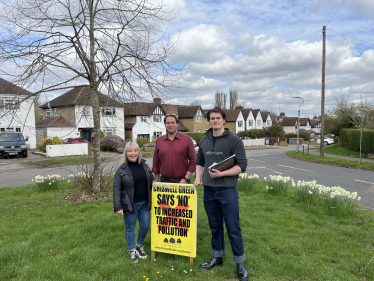 County Councillor Stella Nash, Parliamentary Candidate James Spencer, and District Council Candidate James Cook take a stand against excess housebuilding in Chiswell Green